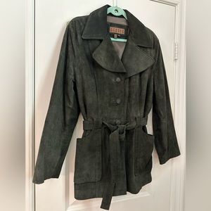 Studio Siena Olive Green Suede Long Coat Buttons Sash Sz L Warm Classic